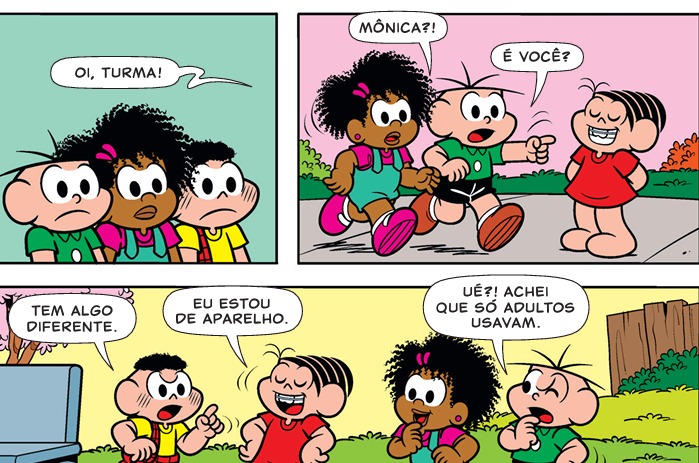 No gibi, a Mônica está de aparelho